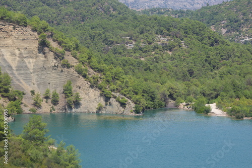 Scenic River Lake Landscape with Green Hills for Hiking Camping Tourism and Boating