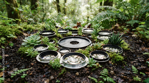 Cluster of wild edible mushrooms growing on mossy forest floor in natural light