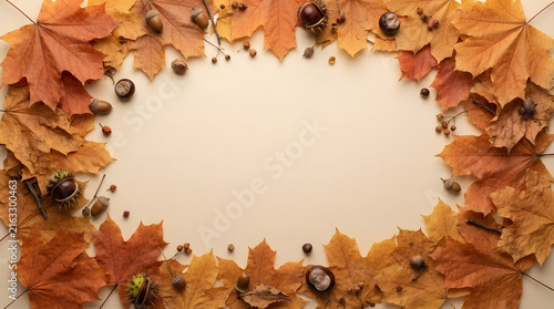 Autumn wreath frame with colorful fall leaves and acorns isolated on transparent background