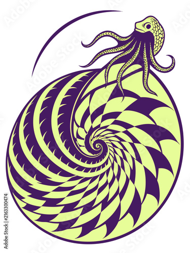 Bild auf Leinwand Stylized octopus sitting on a spiral seashell illustration in green and purple c