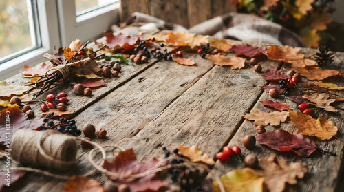 Autumn leaves scattered on wooden deck with natural sunlight and shadows for seasonal decor