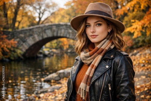 Woman portrait in an autumn park with hat and scarf by a stone bridge for fashion background and seasonal banner