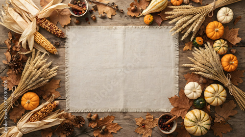 Blank kraft paper tag with twine surrounded by autumn harvest spices and wheat for rustic fall decor
