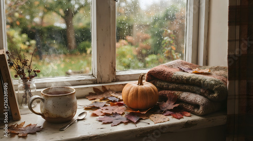 Autumn harvest pumpkin and gourds on rustic wooden windowsill with garden view backdrop