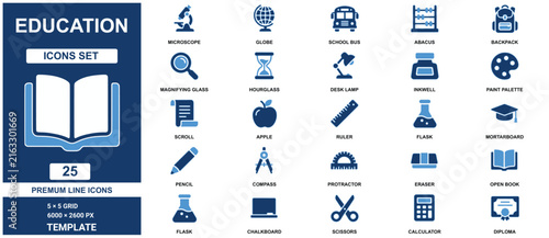 Education set template with blue school and learning knowledge line symbols blue color school symbols