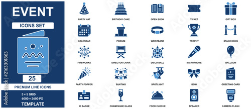 Event set: celebration and party template with blue entertainment and occasion symbols