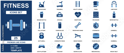 Fitness set template with blue workout and gym exercise equipment line symbols blue color workout symbols