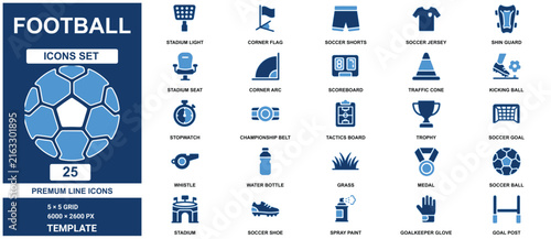 Football set template with twenty five blue and light blue sports symbols for match and game soccer