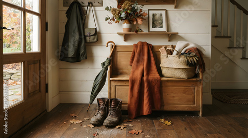 Cozy vintage living room corner with wooden bench, folded blanket, and autumn leaves scattered on floor
