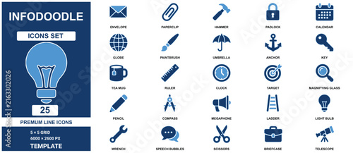 Infodoodle set template presenting twenty five blue general office and doodle symbols