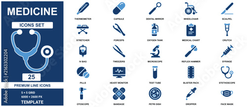 Medicine set template featuring twenty five blue and white healthcare and clinical symbols blue healthcare symbols