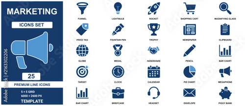 Marketing set template comprising twenty five blue and white business and promotion symbols blue business symbols