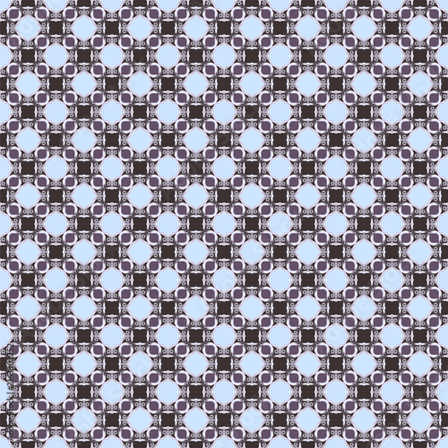 Seamless repeating pattern in blue and brown tones. Wallpaper with a lace pattern on a light blue background. Vector illustration.