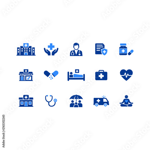 Set of medical and healthcare icons featuring hospital, doctor, pharmacy, ambulance, and health insurance vector illustration.