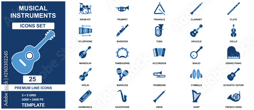 Musical instruments set template with twenty five blue and white orchestra and band symbols blue orchestra symbols
