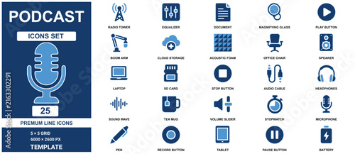 Podcast set template featuring blue audio equipment and broadcasting in a 5x5 grid layout white