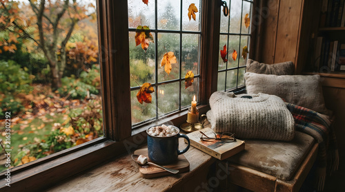 Cozy autumn window nook with knitted blanket and rustic wooden tray holding pumpkin spice coffee and pastries
