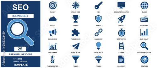 Seo set containing twenty five blue symbols for search engine optimization, web, and marketing