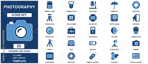 Set template displaying twenty five blue and white camera and studio symbols blue camera symbols studio memory card