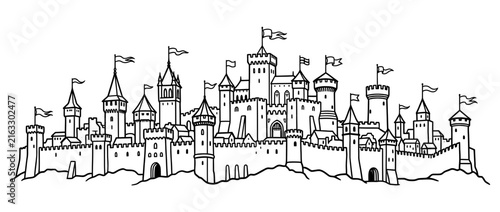 Foto Medieval Castle Fortress Line Art Isolated