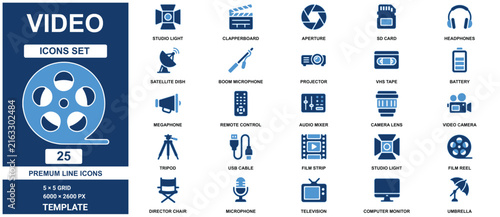Set template showing blue production equipment and multimedia symbols white