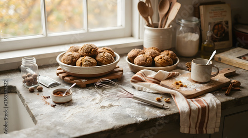 Cozy autumn breakfast spread with pumpkin granola, yogurt, cinnamon, and warm spices on rustic wooden table