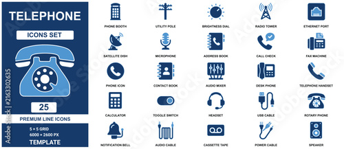 Telephone set template with blue communication symbols and retro phone handset white