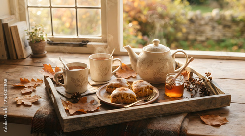 Cozy autumn breakfast tray with tea, pastries, and warm sunlight through window