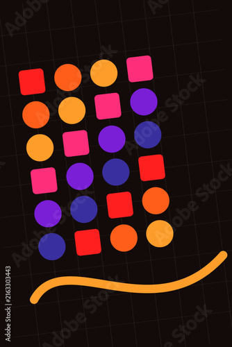Abstract Geometric Pattern of Colorful Circles and Squares on Dark Grid Background with Curvy Line