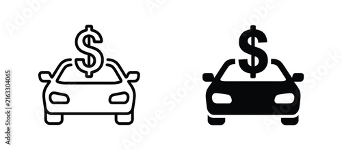 Car finance icon set featuring vehicle with dollar sign in outline and solid styles for auto loans, car sales, financing services and vector design.