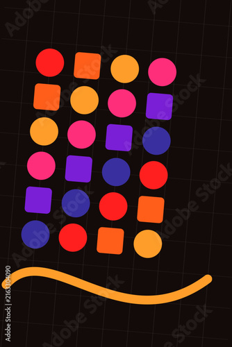 Abstract Grid Illustration Featuring Multicolored Circles and Squares on Dark Graph Paper Surface