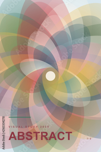 Abstract pastel geometric poster with overlapping translucent colorful curved shapes and circle