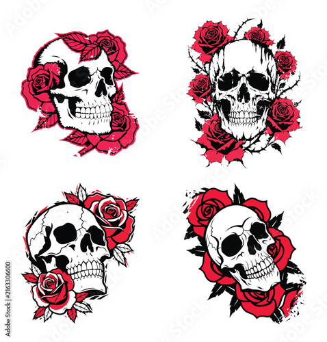 Set of human skulls with red roses in vintage tattoo style Vector illustration.