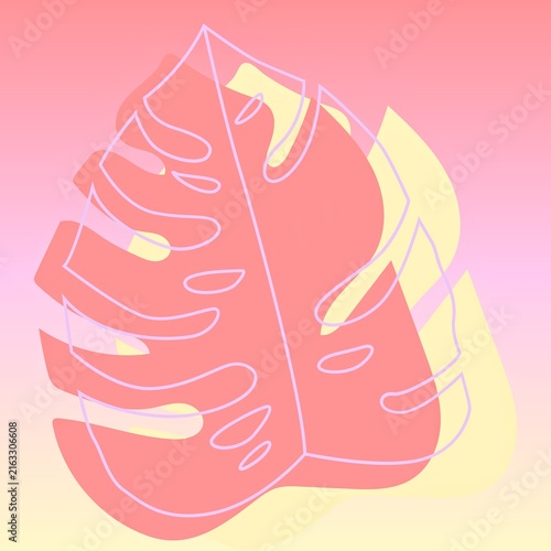 Minimalist monstera leaf illustration with coral and pastel pink gradient background