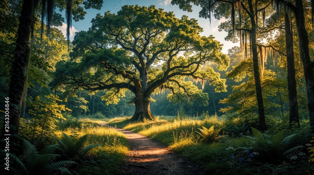 Naklejka premium Path winds through sunlit forest past giant oak tree. Green moss hangs from branches creating a serene natural scene. Sunlight filters through canopy illuminating lush foliage.
