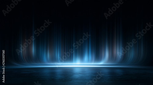 Konstfotografi abstract futuristic blue light streaks with reflective floor and dark background