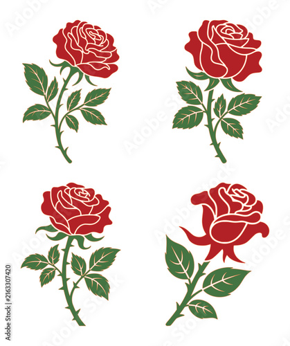 Set of four red rose flower Vector illustrations.