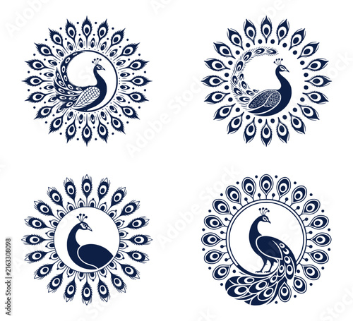 Set of four decorative Folk Art Peacock bird in Floral Wreath Blue Silhouette.