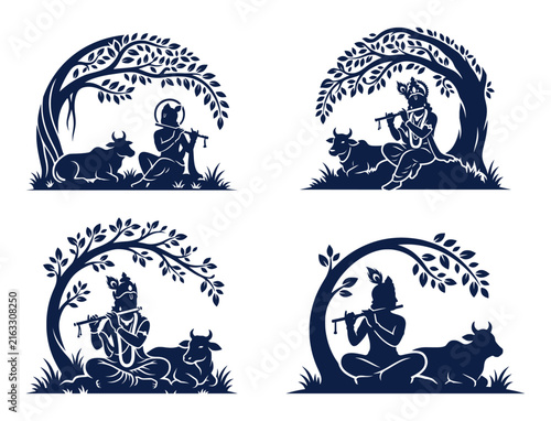 Lord Krishna playing flute with cow under tree silhouette vector illustration set.