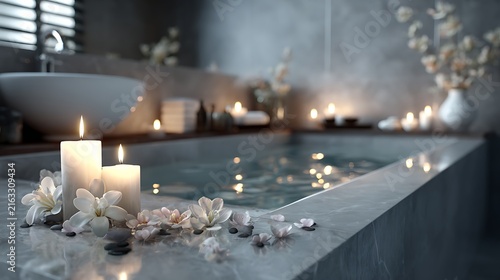 A spa-like bathroom with candles and flowers 