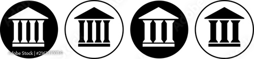 Classical building or bank icon set in flat, outline, and hand-drawn styles