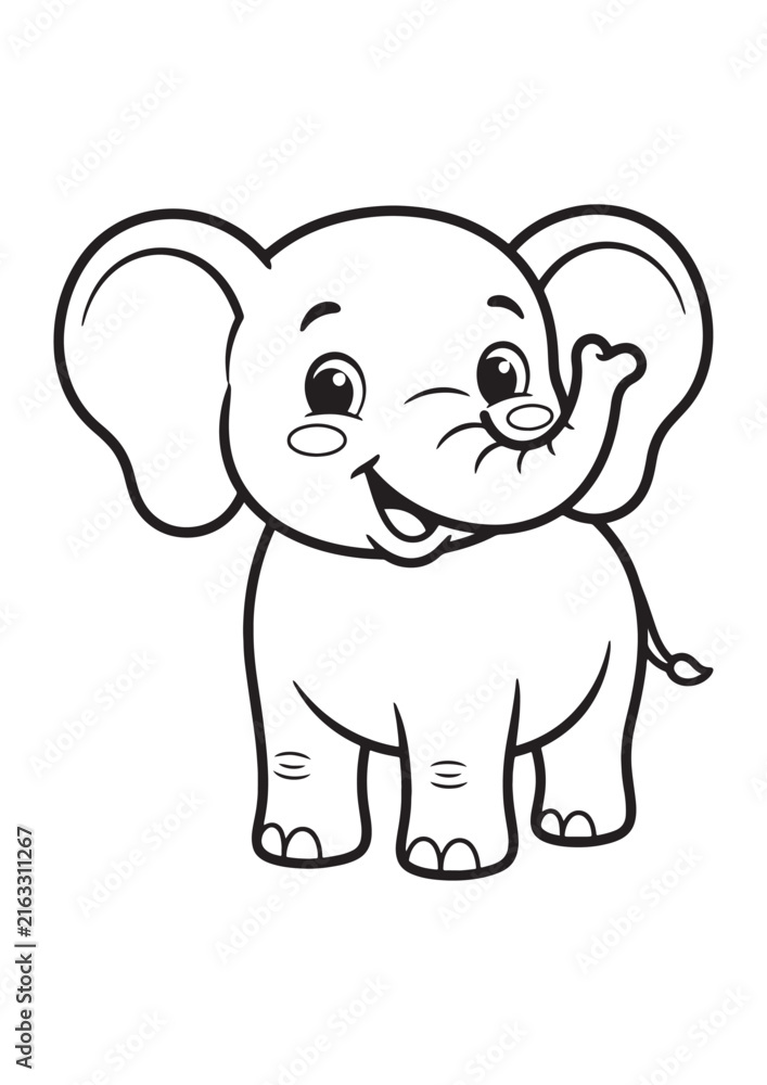 Naklejka premium Cute Little Elephant Holding Flower Coloring Page Vector Line Art