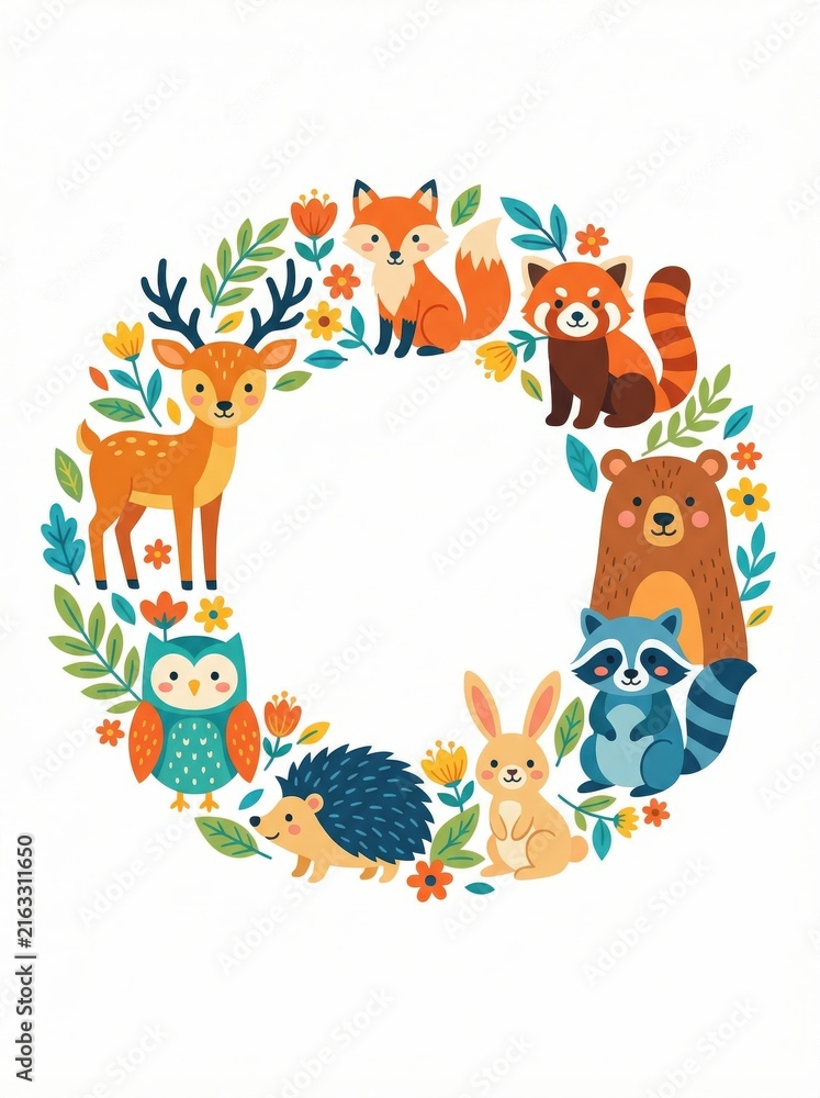 Naklejka premium cute woodland animals wreath with deer, fox, bear, owl, and floral elements. forest wildlife circular frame on white background. kids illustration, greeting card, invitation design with copyspace.