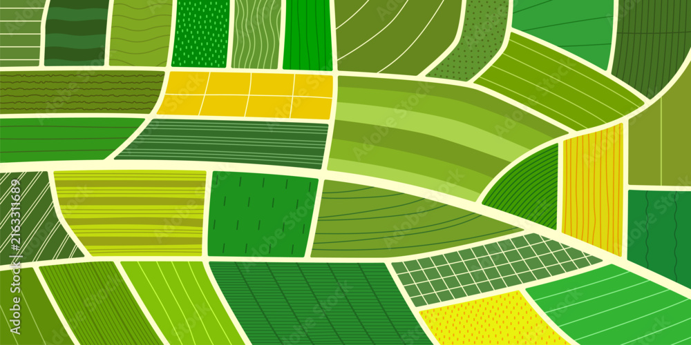 Naklejka premium Top view of agriculture farm field bg, green arable plantation background. Rice and tea abstract aerial map, agricultural patchwork landscape, land texture of vineyard, farmland, rice paddy terrace