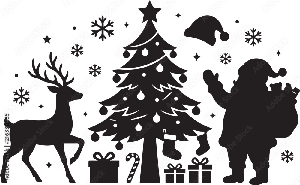 Fototapeta premium Christmas black silhouette set with santa reindeer tree gifts and snowflakes for holidays.