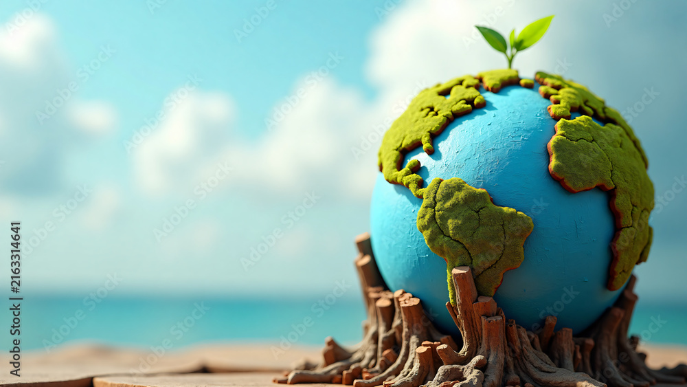 Naklejka premium Planet Earth Made of Tree Bark with Green Shoot