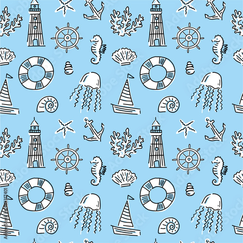 Vector pattern from a collection of hand-drawn doodle illustrations with nautical themes and lighthouse images