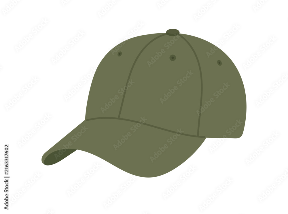 Fototapeta premium Simple flat vector illustration of an olive green baseball cap isolated on a white background. Classic sports hat icon for fashion, outdoor, apparel, and design.