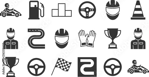 Vector collection of go kart racing icons featuring drivers steering wheels and checkered flags isolated on white.