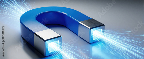 Plakat w ramie Dynamic blue U-shaped magnet emits energy beams, showing magnetic attraction. High-tech, modern science visualization on a sleek, reflective surface.
